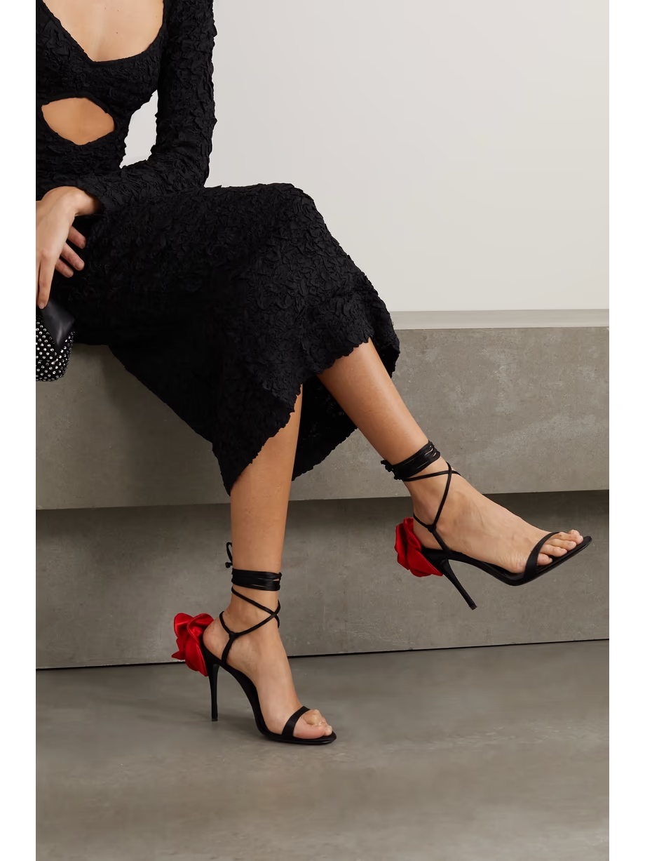 Appliquéd lace-up satin sandals