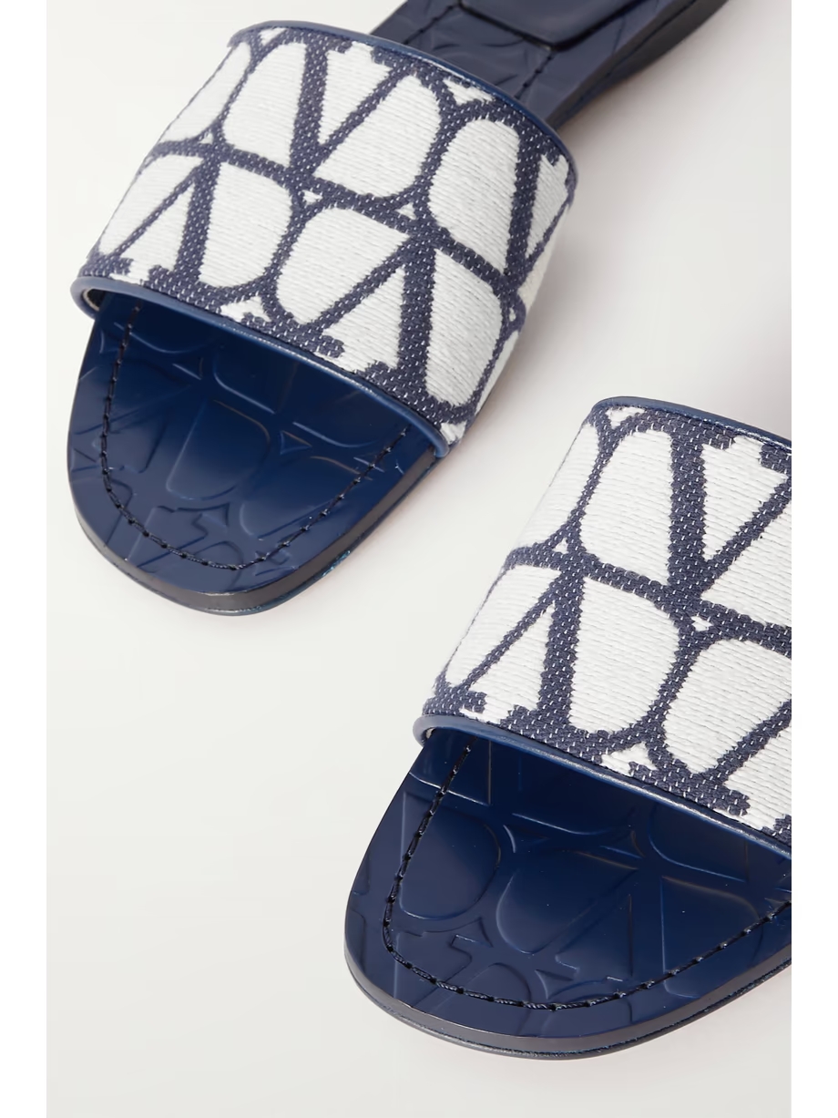 Toile Iconographe leather-trimmed cotton-canvas jacquard slides